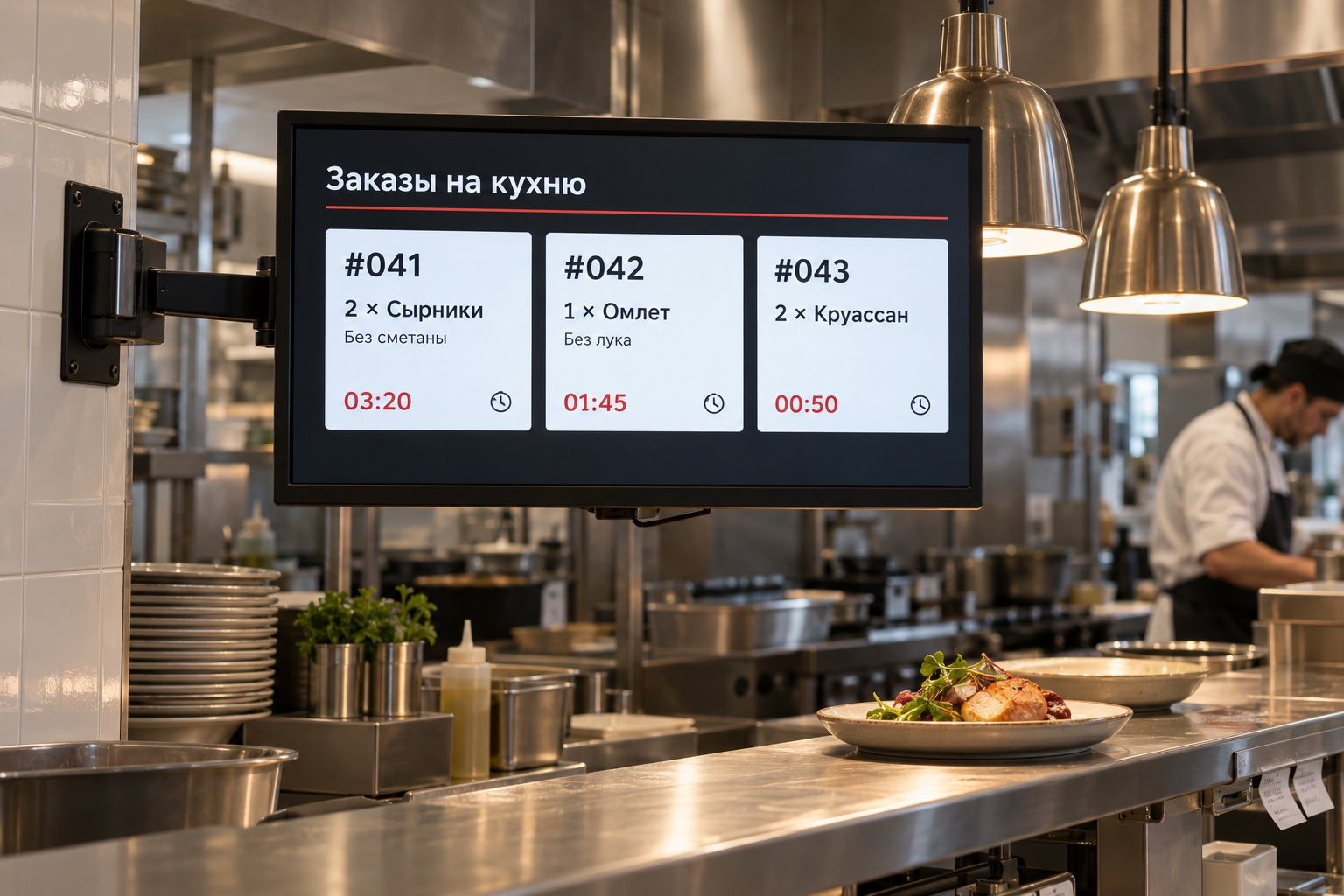 Кухонный экран на кронштейне над раздачей: заказы с блюдами и комментариями гостей, например «Без лука»